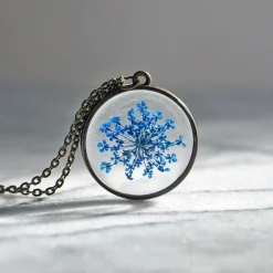 Blue Queen Anne's Lace Necklace Antique Bronze