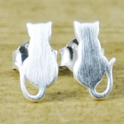 Cat Studs Brushed Sterling Silver