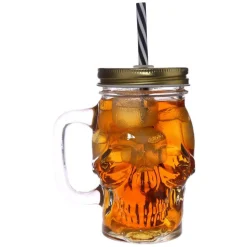 Glass Skull Jar With Metal Lid & Straw 350Ml