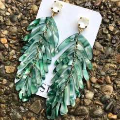 Long Leaf Drop Earrings Green