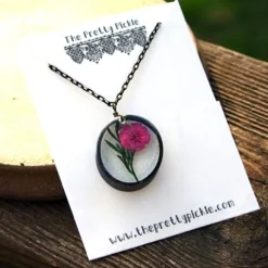 Pink Carnation And Green Fern Necklace