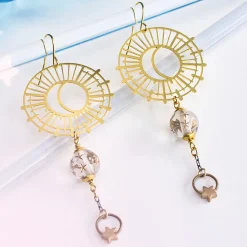 Sun And Moon Earrings With Vintage Clear Star Beads