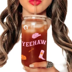 Yeehaw Glass Cup With Bamboo Lid & Straw